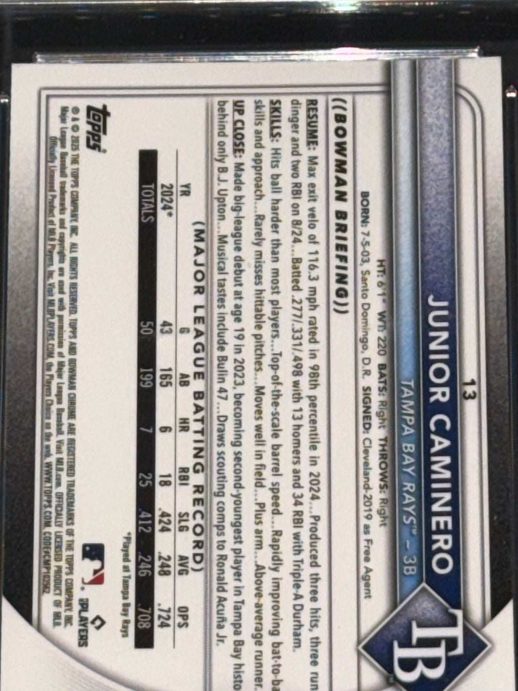 Bowman 2025 Bowman Chrome Mega Junior Caminero #13 Tampa Bay Rays Graded 10