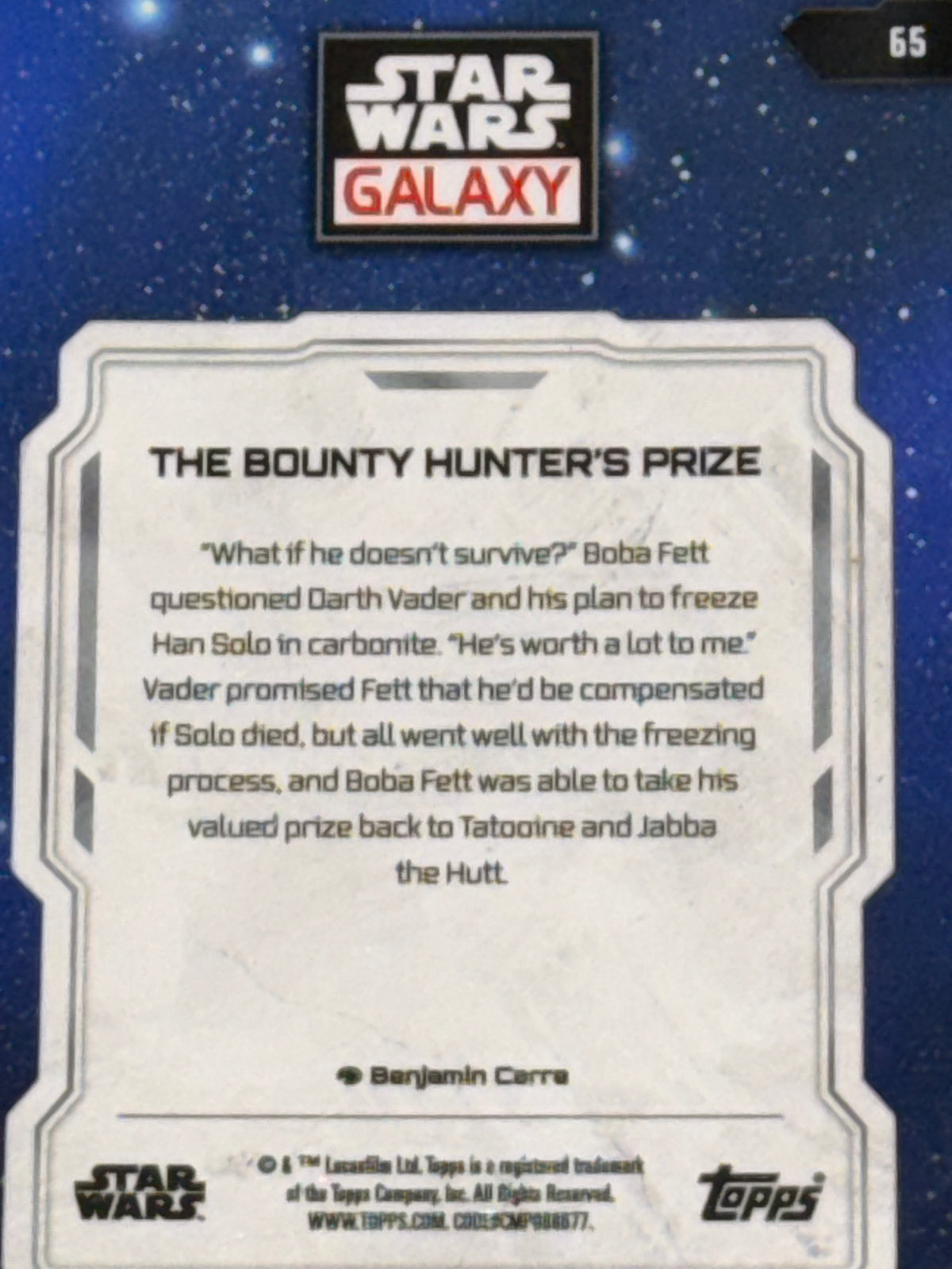 Topps Star Wars Galaxy #65 The Bounty Hunter's Prize Boba Fett Vader Han Solo