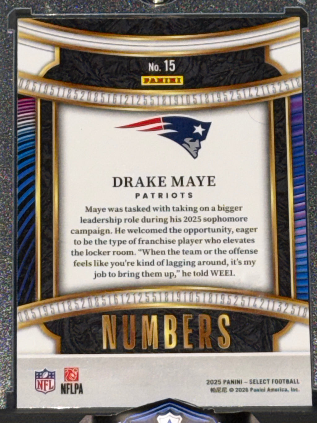Panini 2025 Select Football Drake Maye Patriots Numbers Insert #15