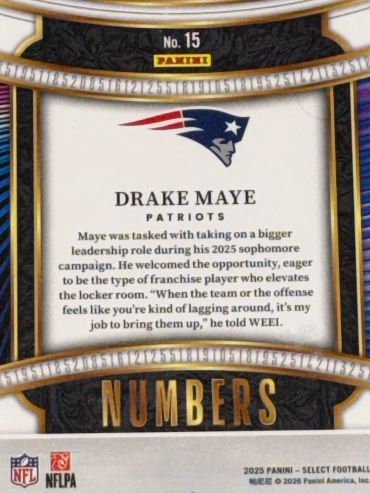 Panini 2025 Select Football Drake Maye Patriots Numbers Insert #15