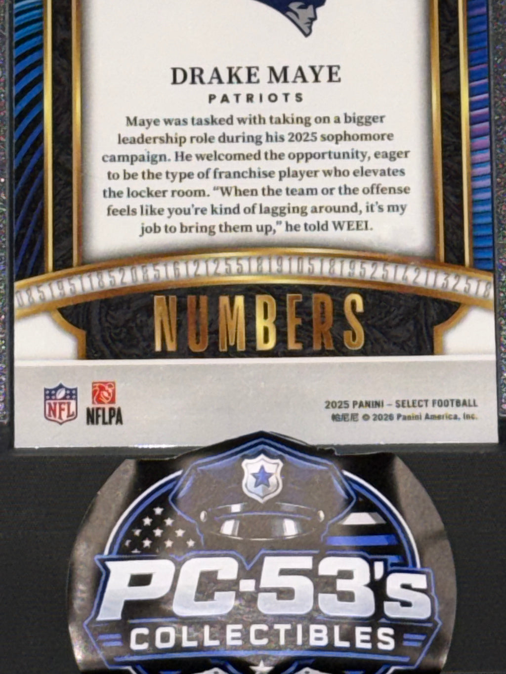 Panini 2025 Select Football Drake Maye Patriots Numbers Insert #15