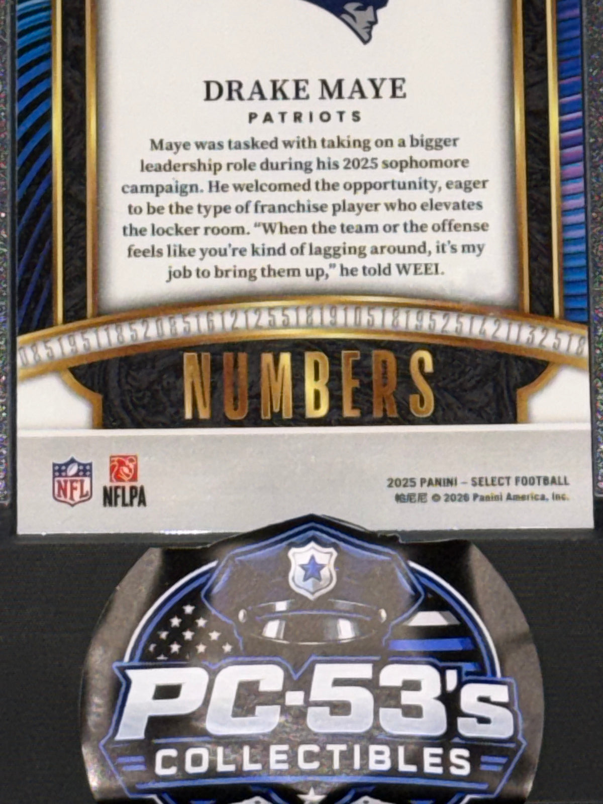 Panini 2025 Select Football Drake Maye Patriots Numbers Insert #15