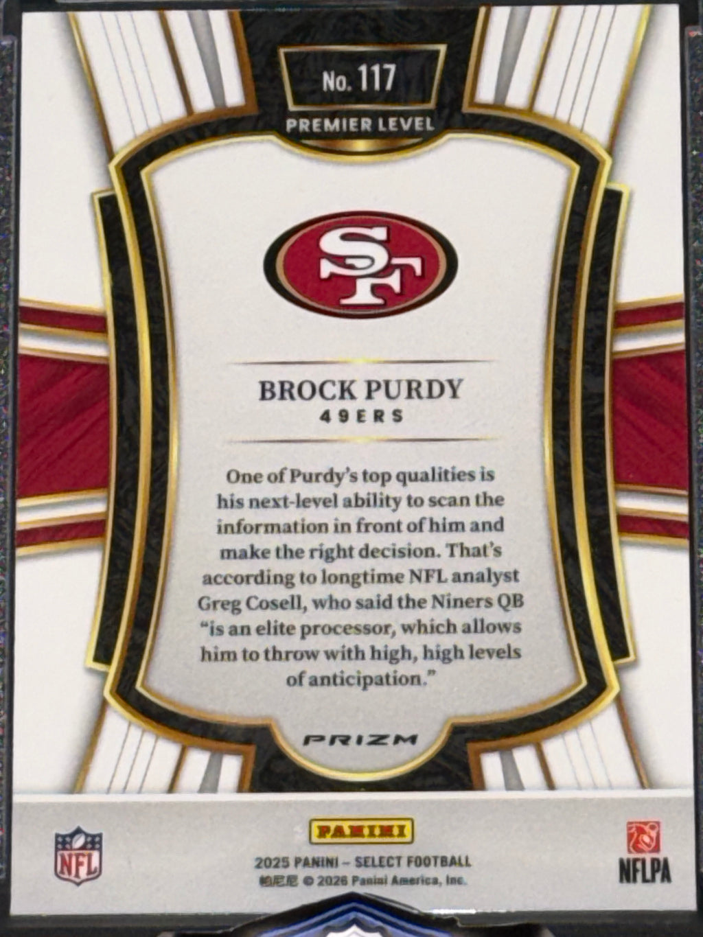 Panini 2025 Select Football Premier Level Black/Green Prizm Brock Purdy #117