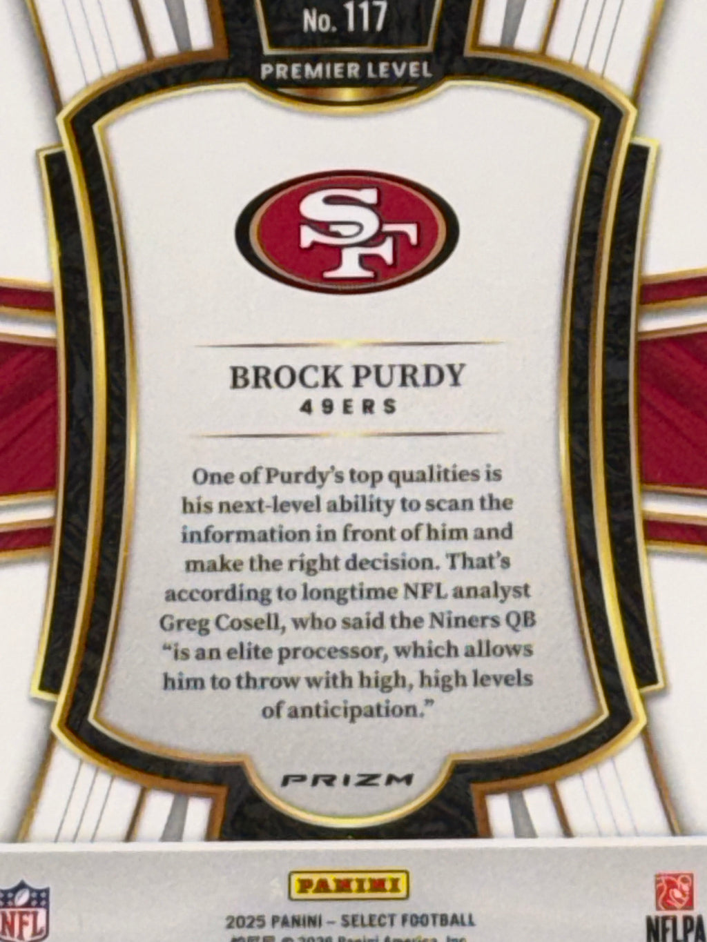 Panini 2025 Select Football Premier Level Black/Green Prizm Brock Purdy #117