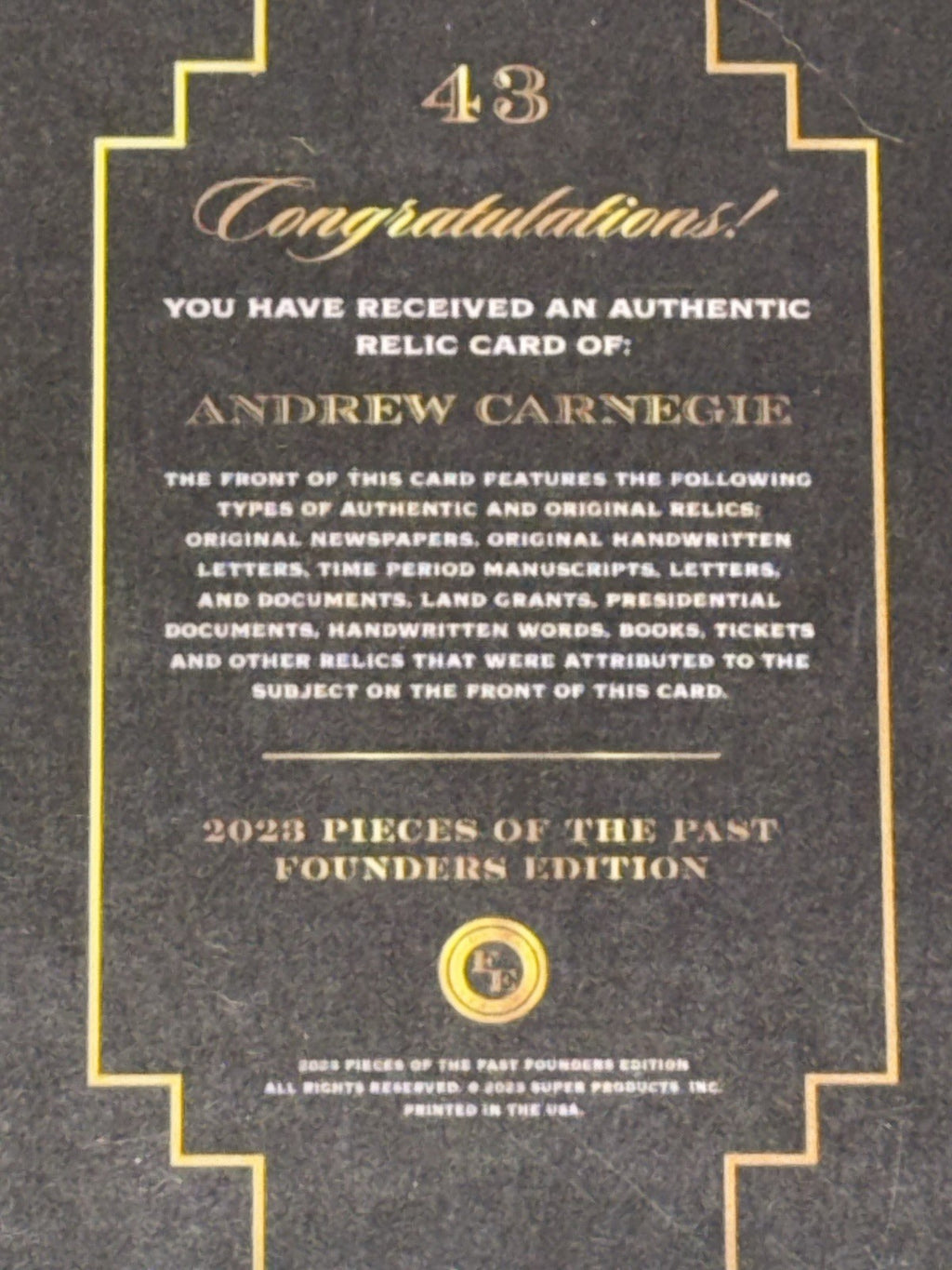 2023 Pieces of the Past Founders Edition Relic Andrew Carnegie #43