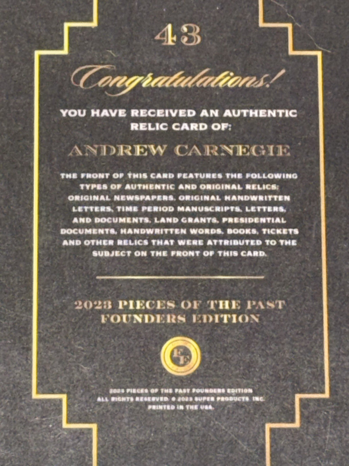 2023 Pieces of the Past Founders Edition Relic Andrew Carnegie #43